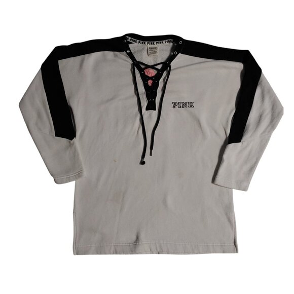 PINK Victoria's Secret Pullover Sweatshirt Women's Size XS White Black Embroid - Picture 1 of 8